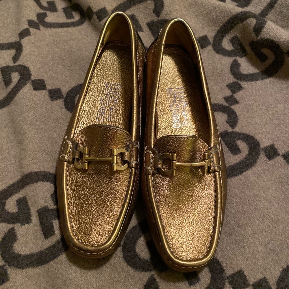 Ferragamo gold loafer flats